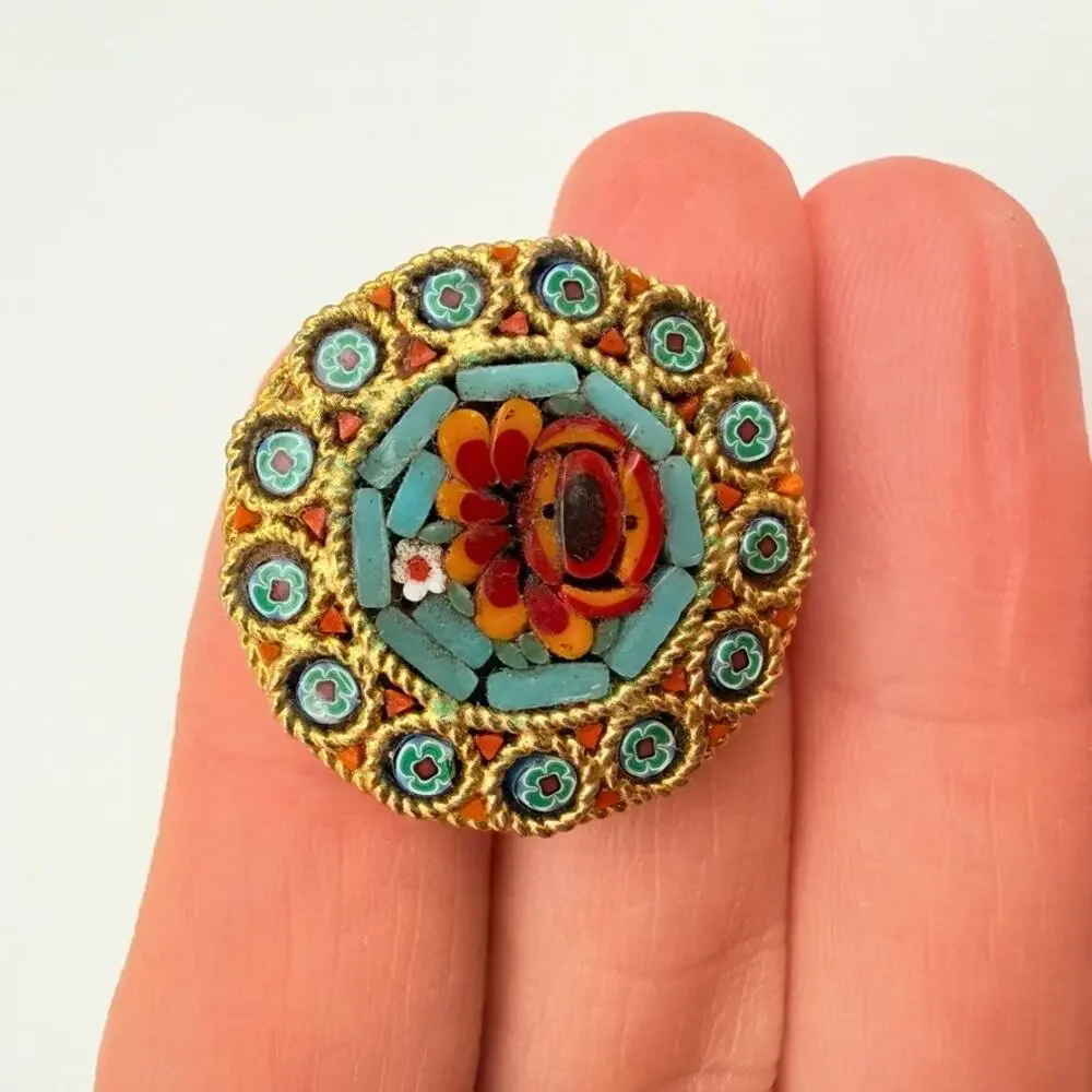 Vintage Micro Mosaic Brooch Pin Bouquet Red Yellow Roses Blue Tile Italy style